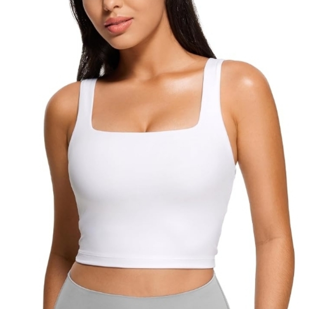Square Neck Crop Tank Top Workout Longline Sports Bra White